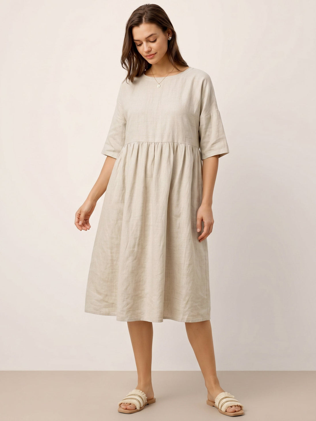 100% Linen Ruched Round-Neck Midi Dress