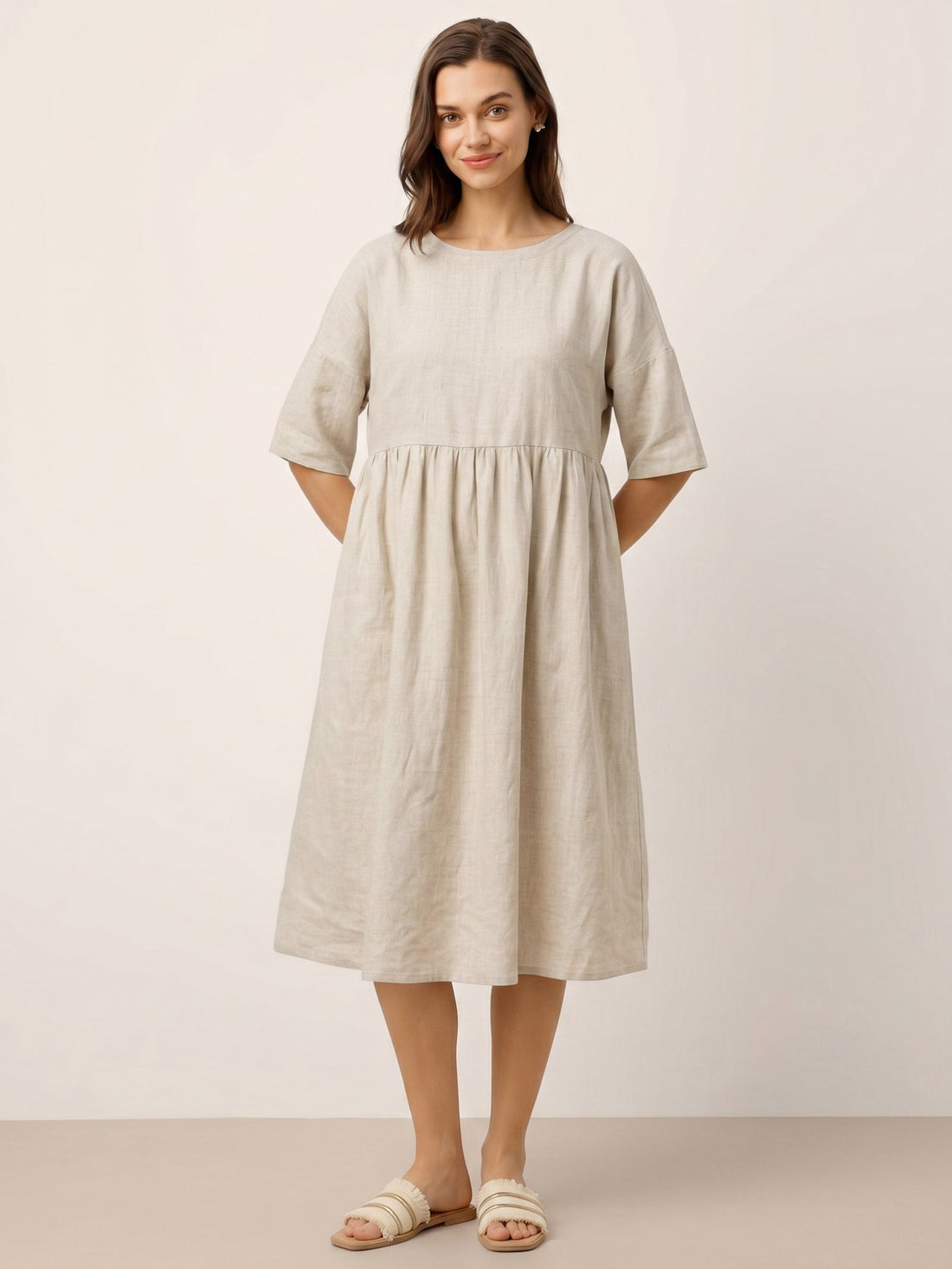 100% Linen Ruched Round-Neck Midi Dress