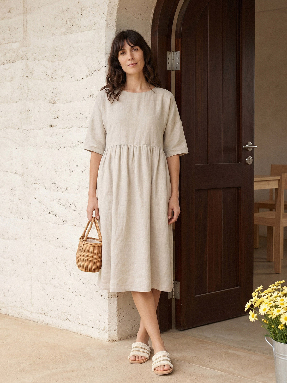 100% Linen Ruched Round-Neck Midi Dress