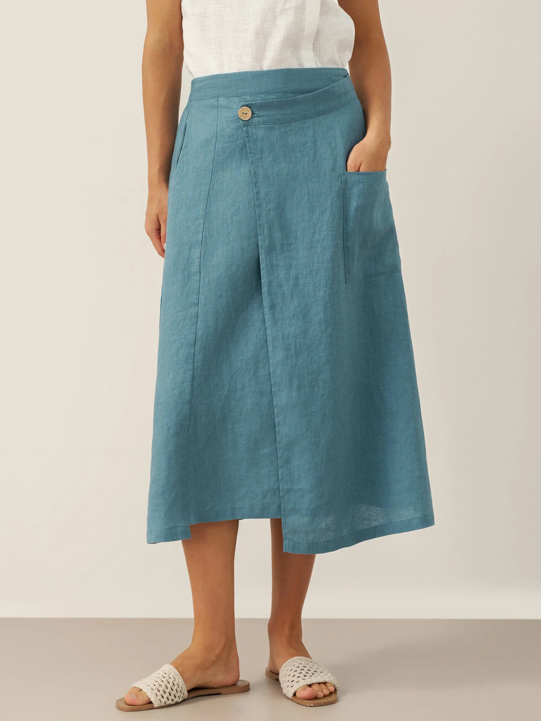 100% Linen Asymmetric Wrap Midi Skirt