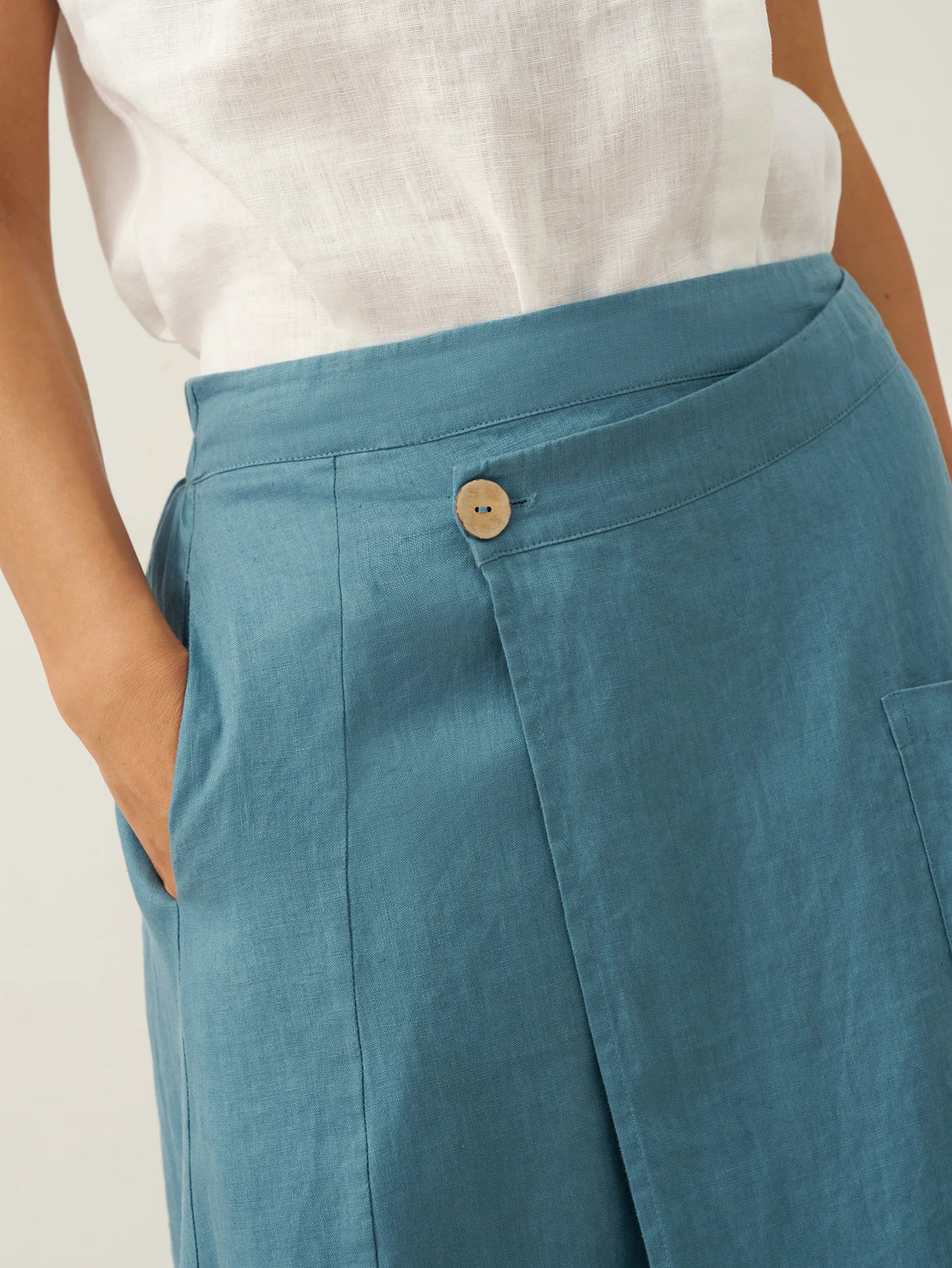100% Linen Asymmetric Wrap Midi Skirt