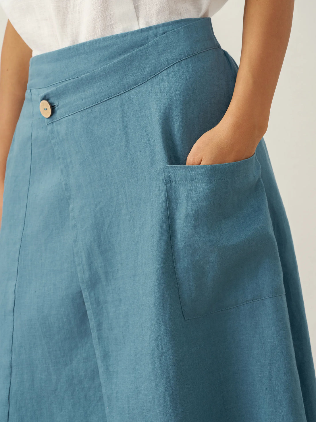 100% Linen Asymmetric Wrap Midi Skirt