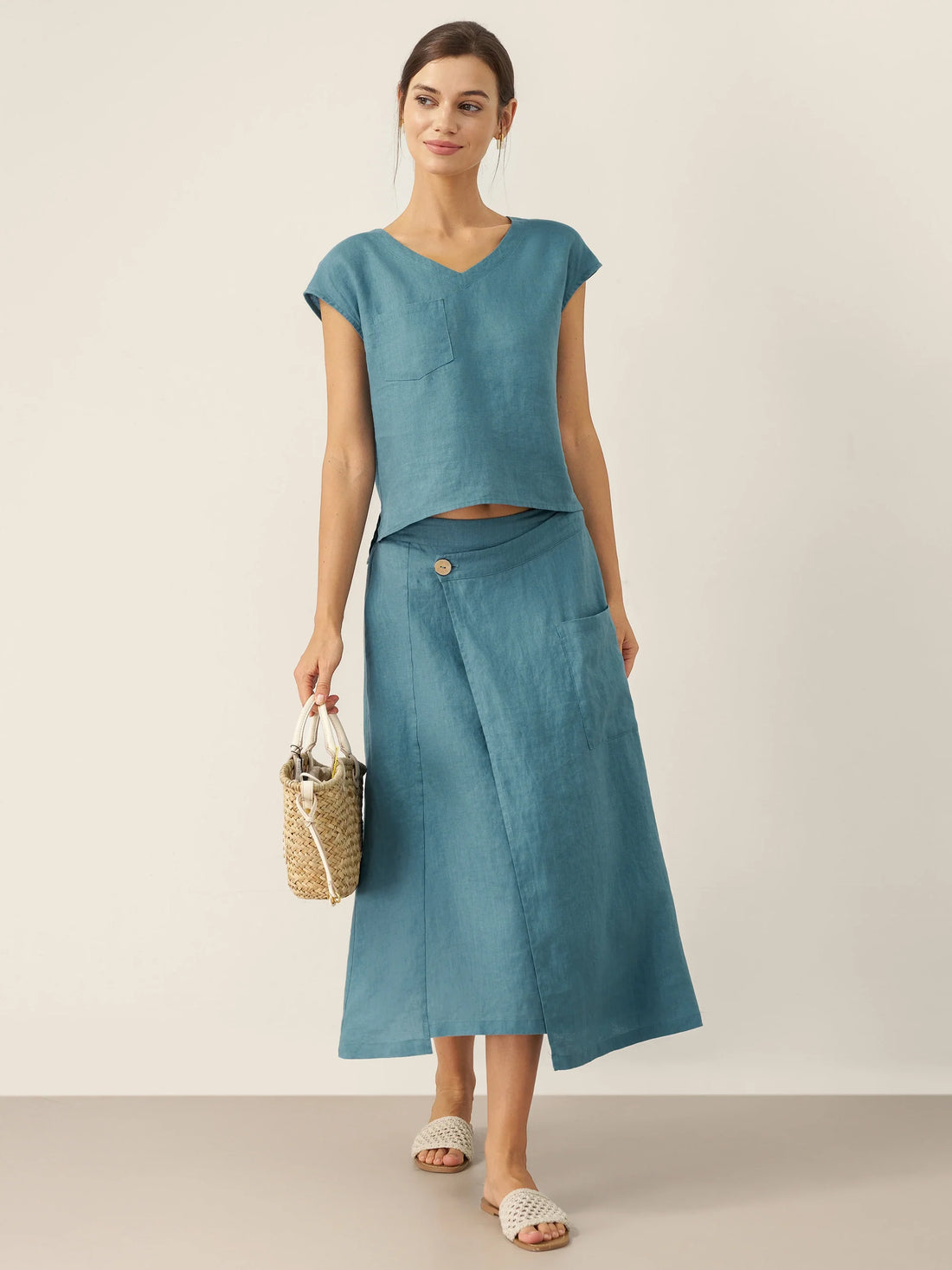 100% Linen Asymmetric Wrap Midi Skirt