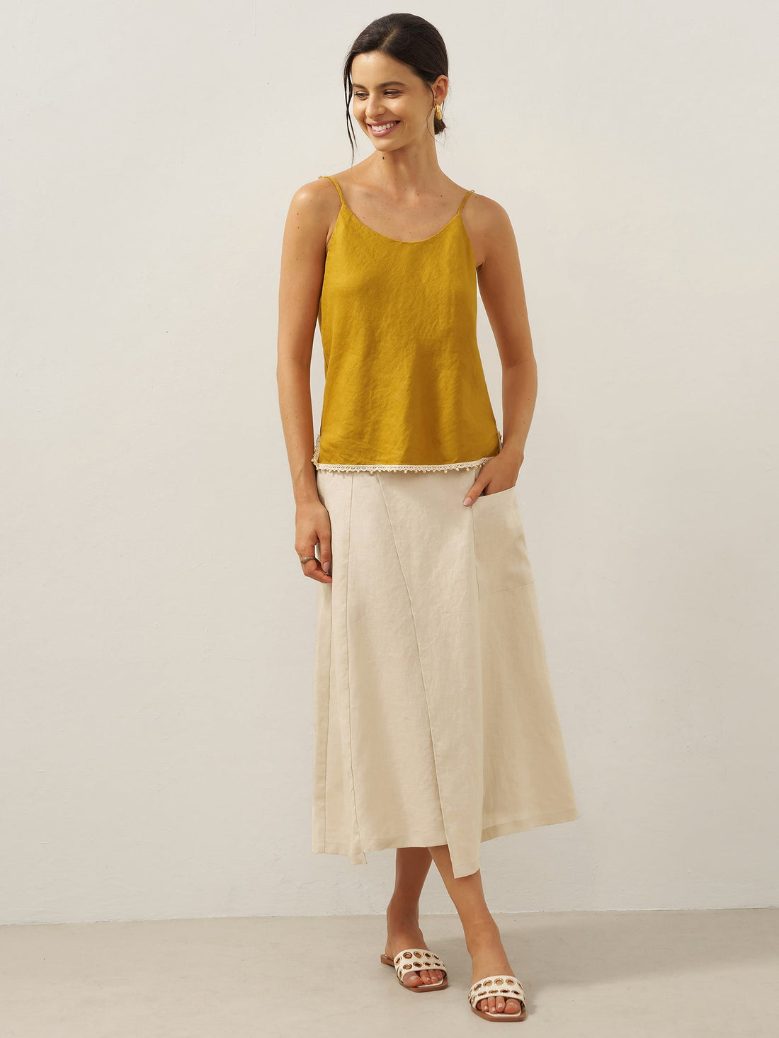 100% Linen Asymmetric Wrap Midi Skirt