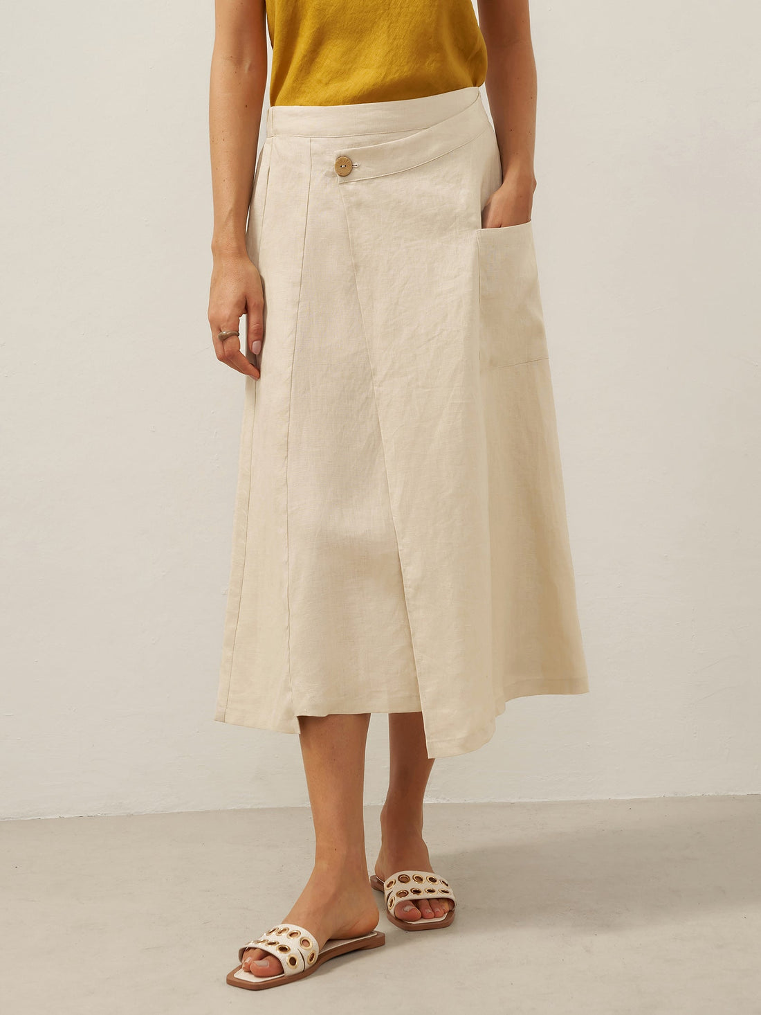 100% Linen Asymmetric Wrap Midi Skirt
