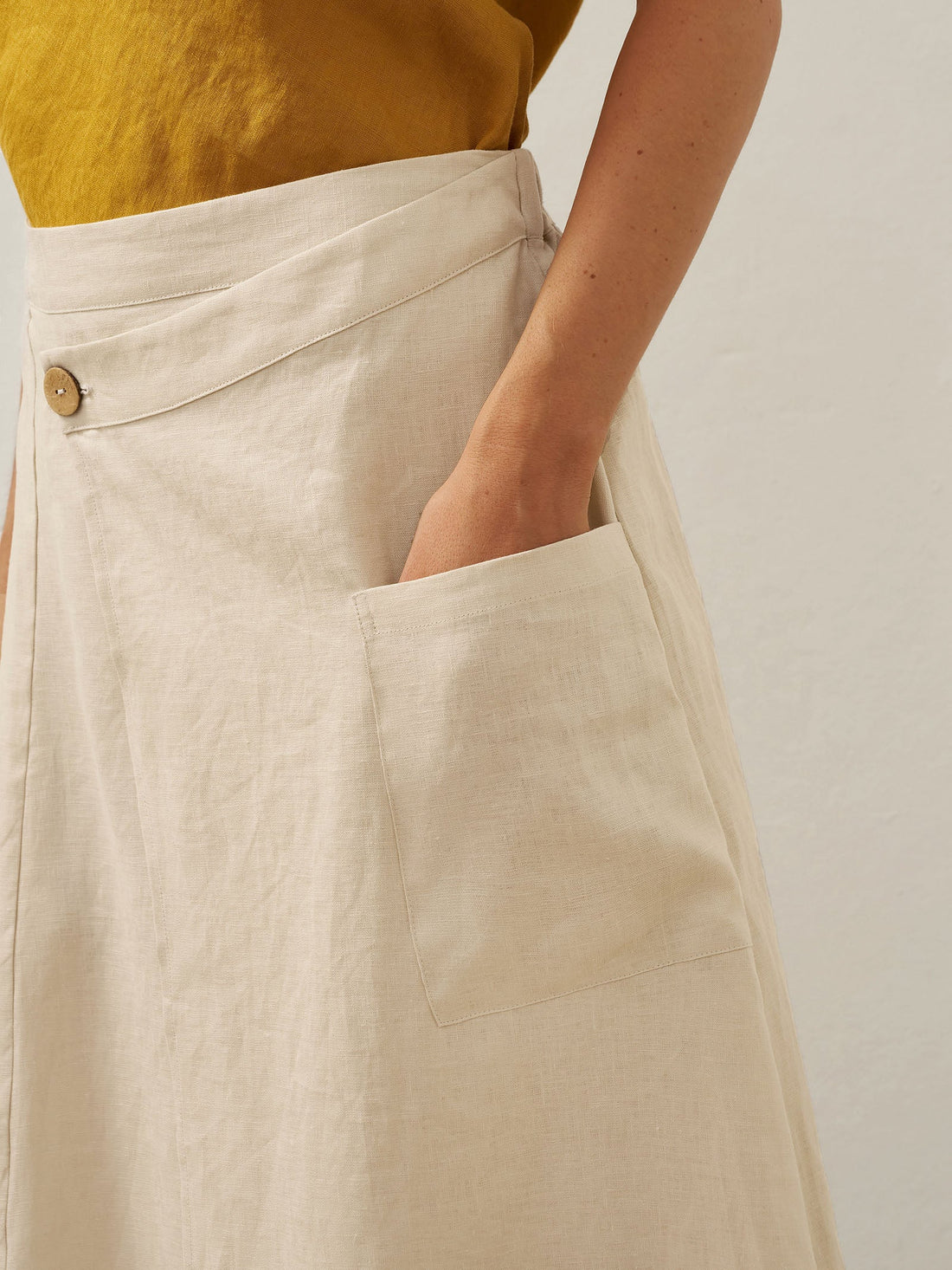 100% Linen Asymmetric Wrap Midi Skirt