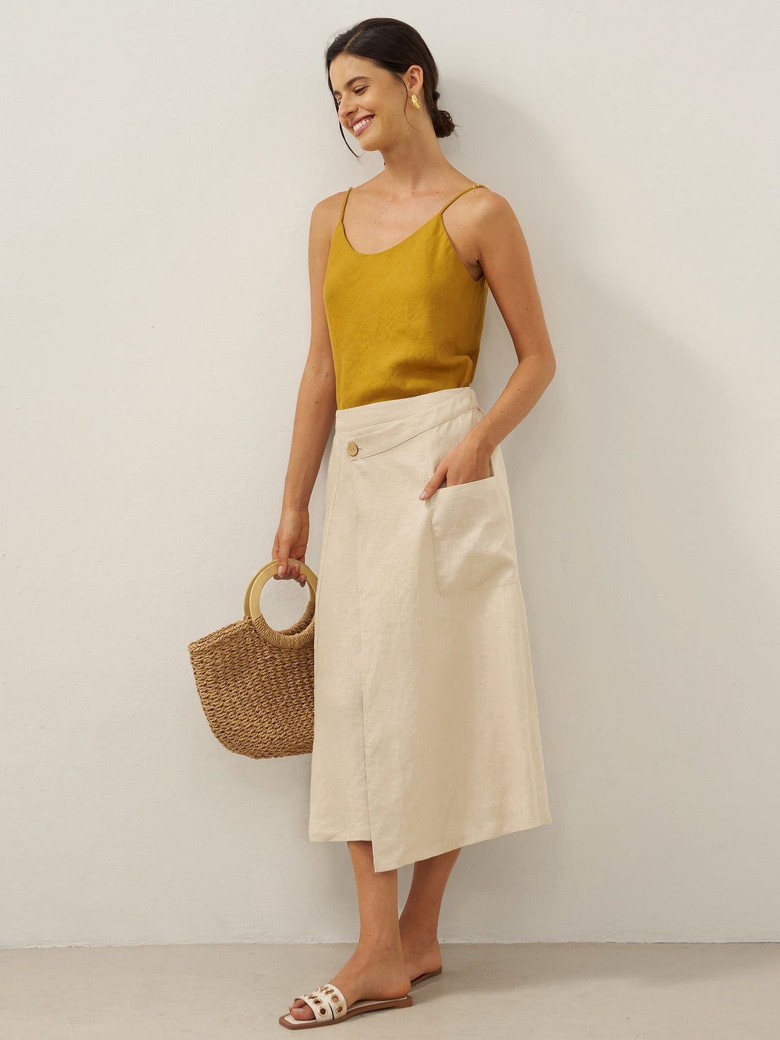 100% Linen Asymmetric Wrap Midi Skirt