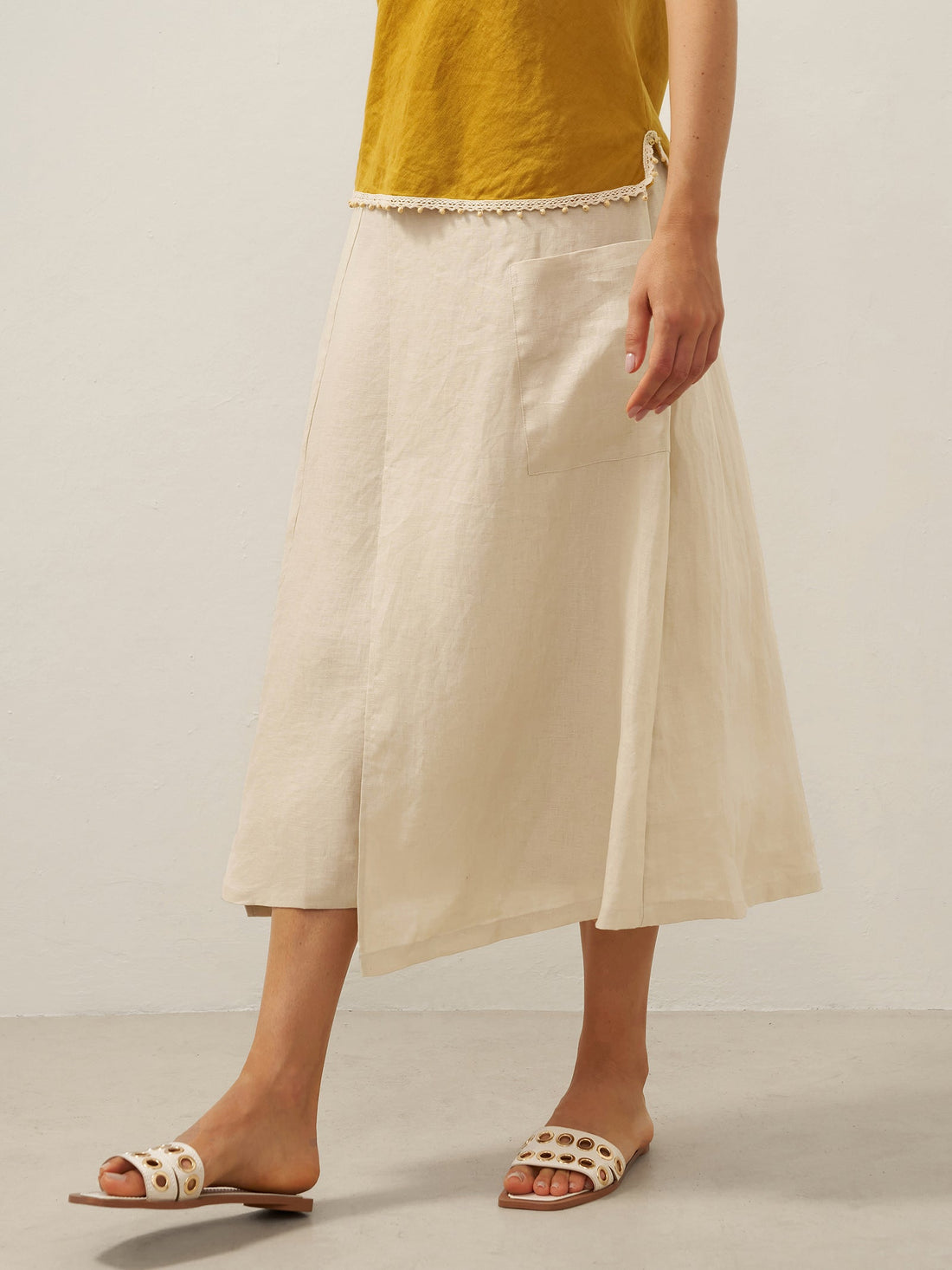 100% Linen Asymmetric Wrap Midi Skirt