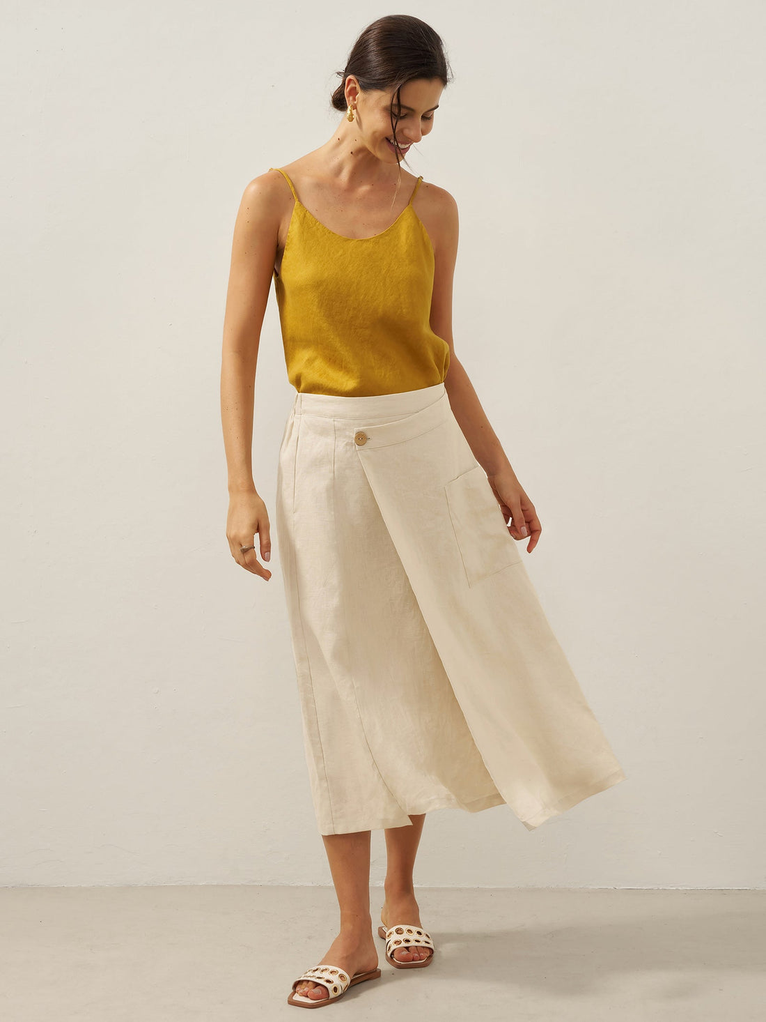 100% Linen Asymmetric Wrap Midi Skirt
