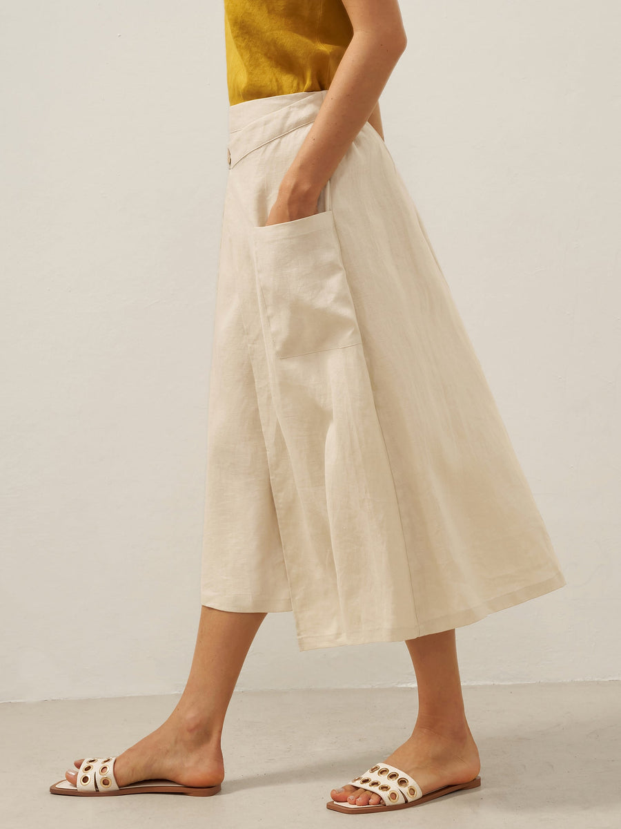 100% Linen Asymmetric Wrap Midi Skirt