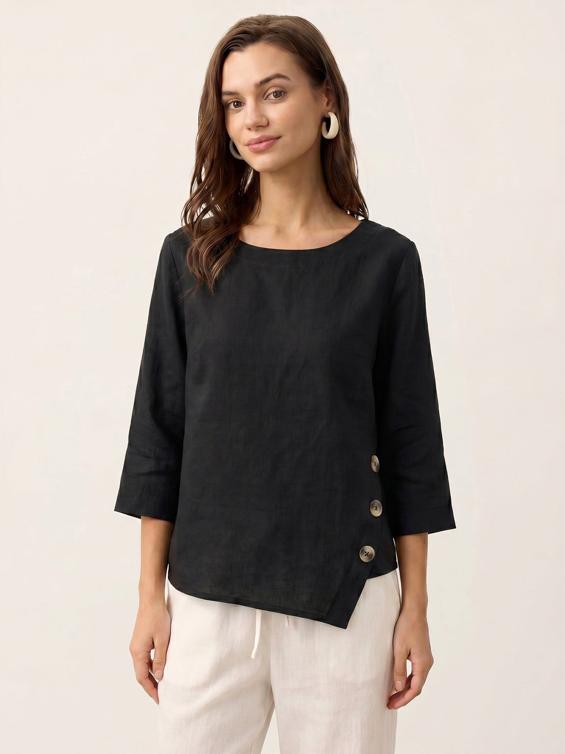 100% Linen Asymmetric-Hem Round Neck Blouse