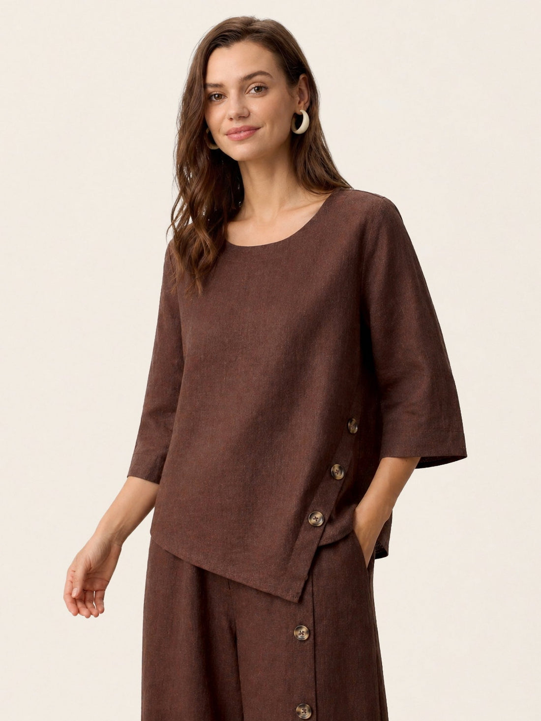 100% Linen Asymmetric-Hem Round Neck Blouse