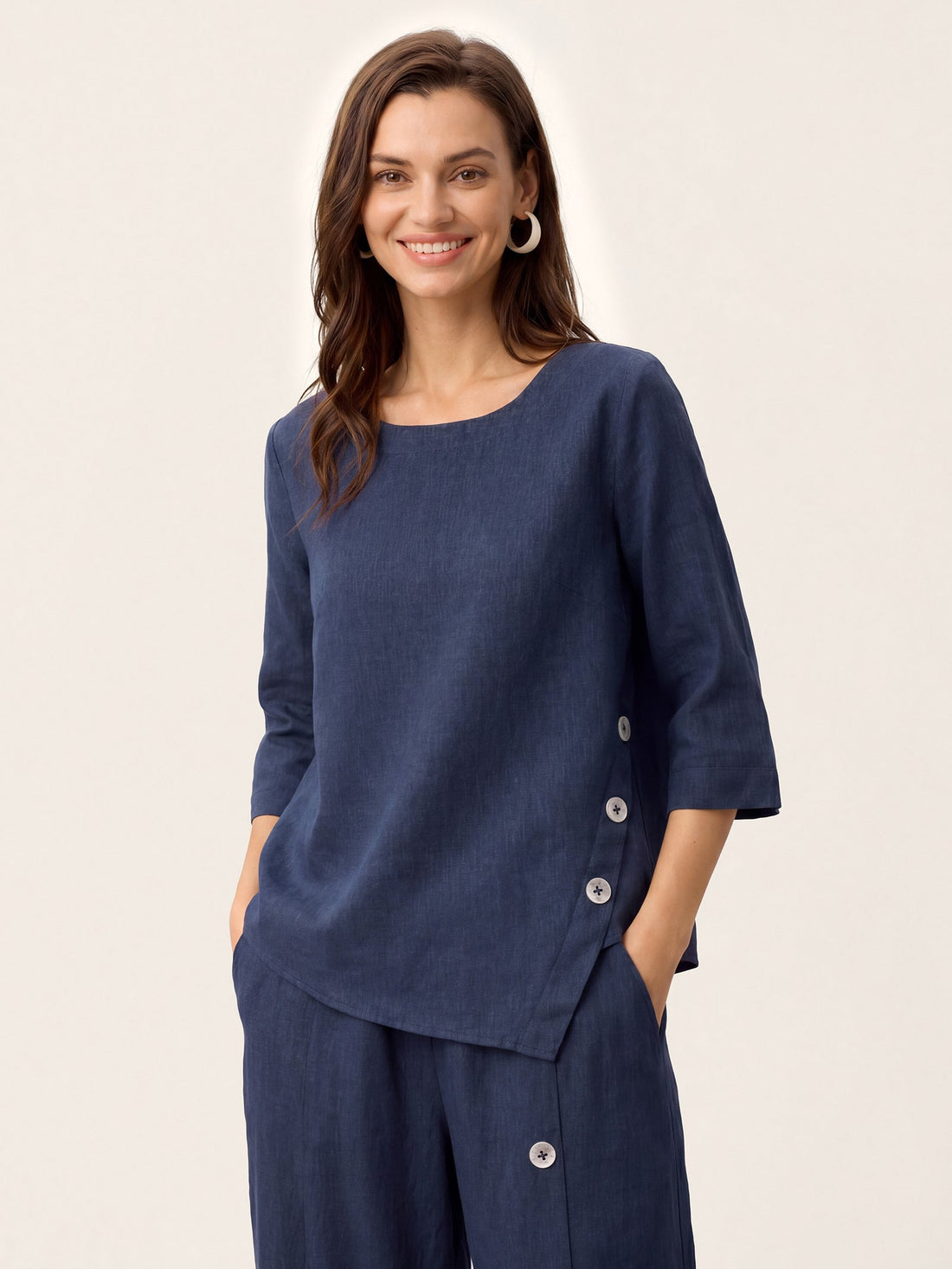 100% Linen Asymmetric-Hem Round Neck Blouse