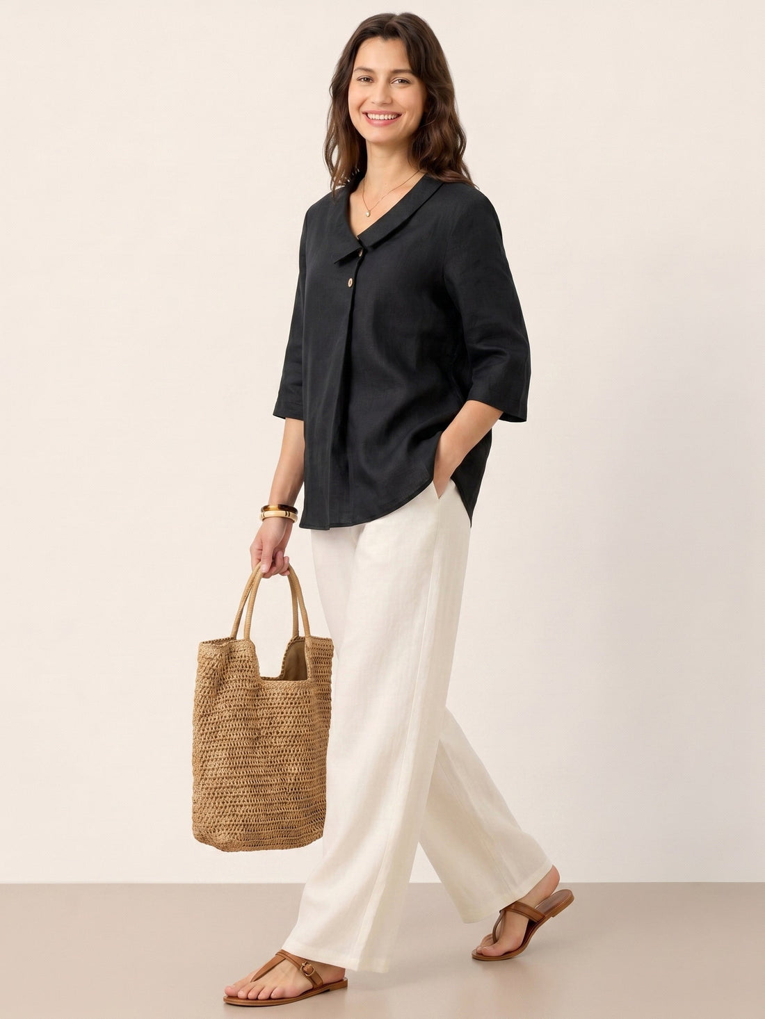 Linen Asymmetric-Collar Tunic Top with Button Detail