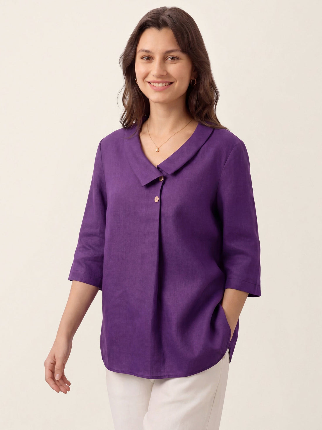 Linen Asymmetric-Collar Tunic Top with Button Detail