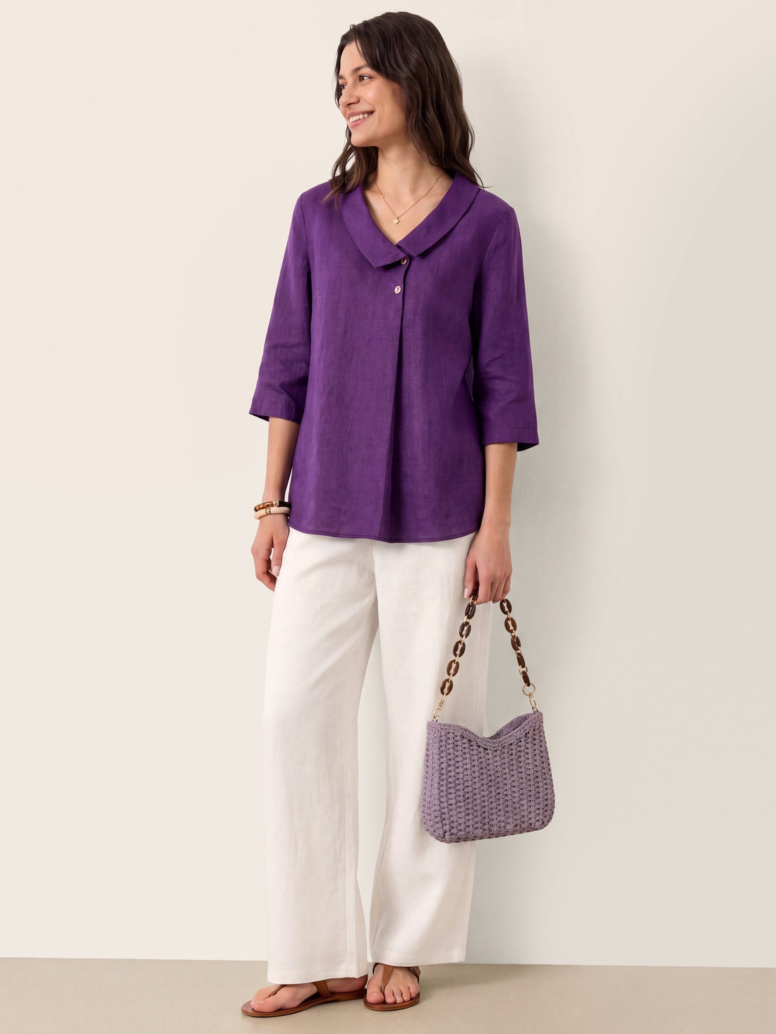 Linen Asymmetric-Collar Tunic Top with Button Detail