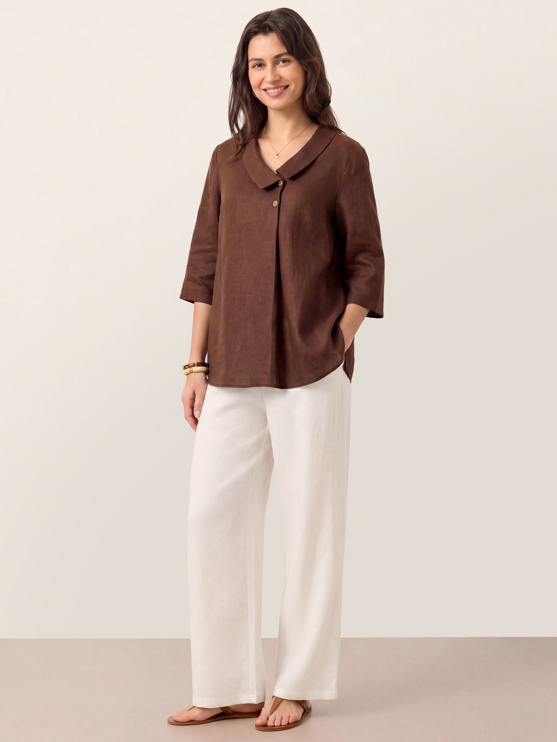Linen Asymmetric-Collar Tunic Top with Button Detail