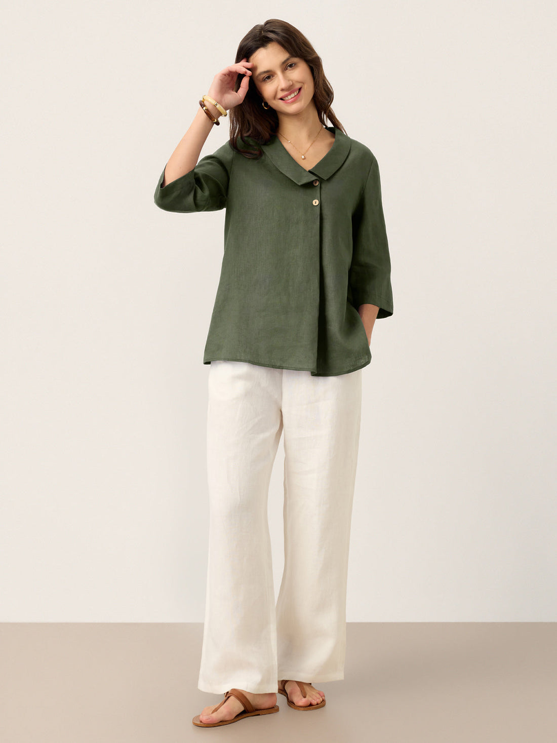 Linen Asymmetric-Collar Tunic Top with Button Detail