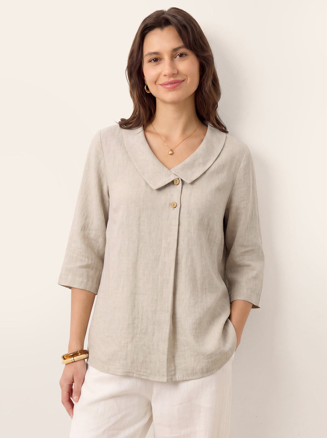 Linen Asymmetric-Collar Tunic Top with Button Detail
