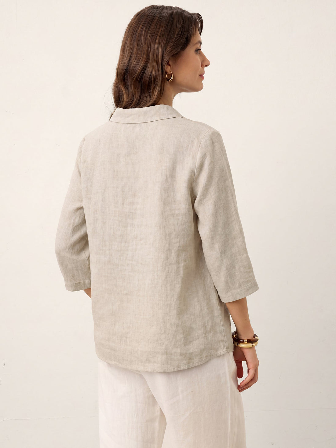 Linen Asymmetric-Collar Tunic Top with Button Detail