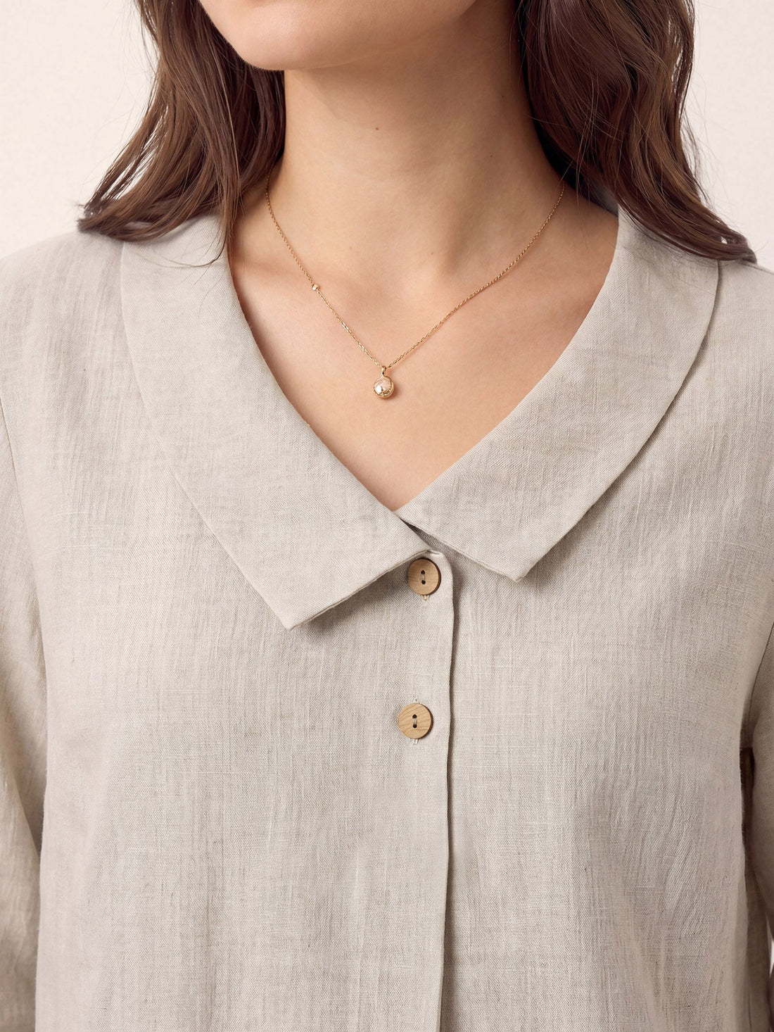Linen Asymmetric-Collar Tunic Top with Button Detail