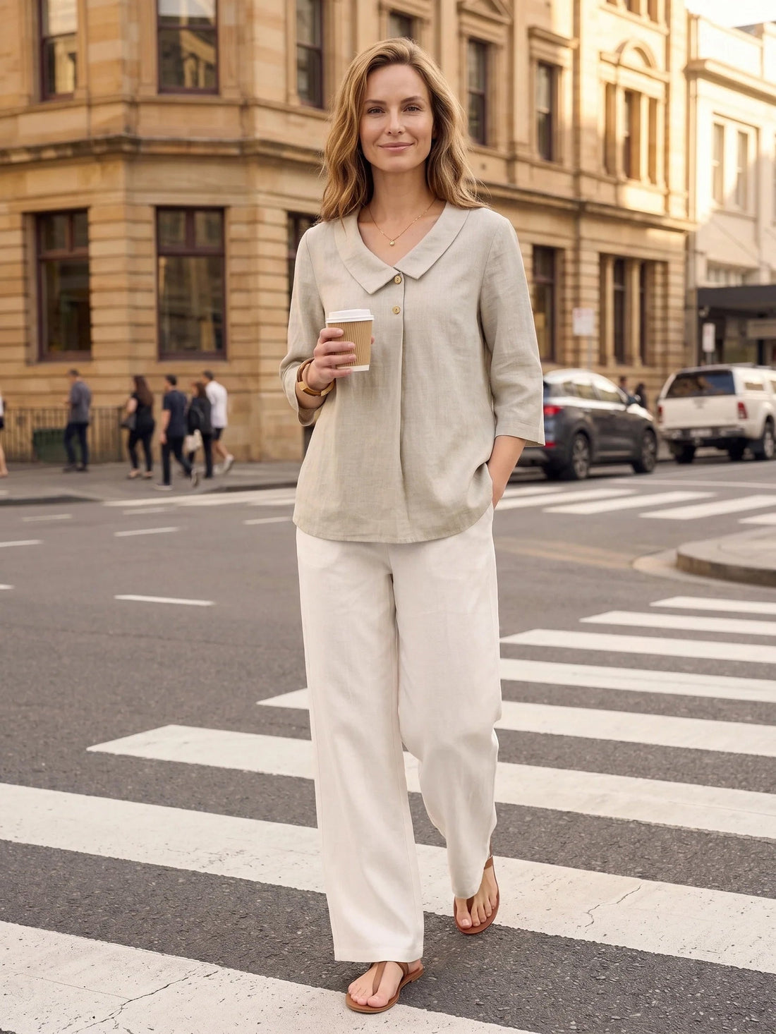 Linen Asymmetric-Collar Tunic Top with Button Detail