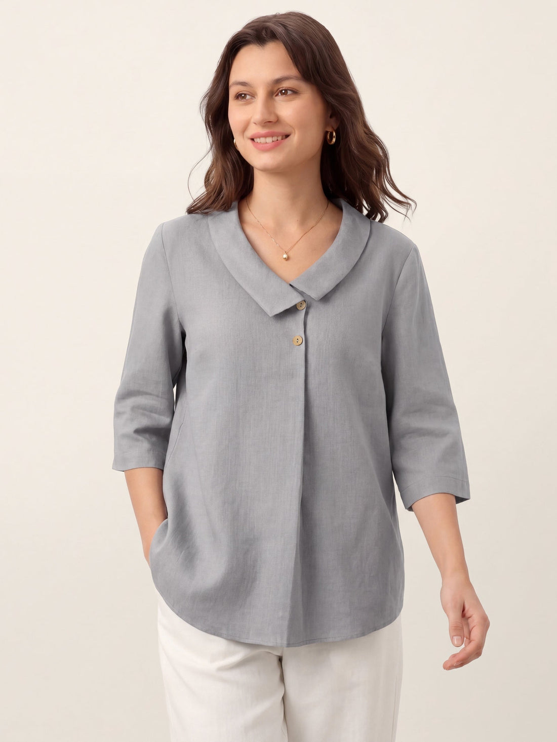 Linen Asymmetric-Collar Tunic Top with Button Detail