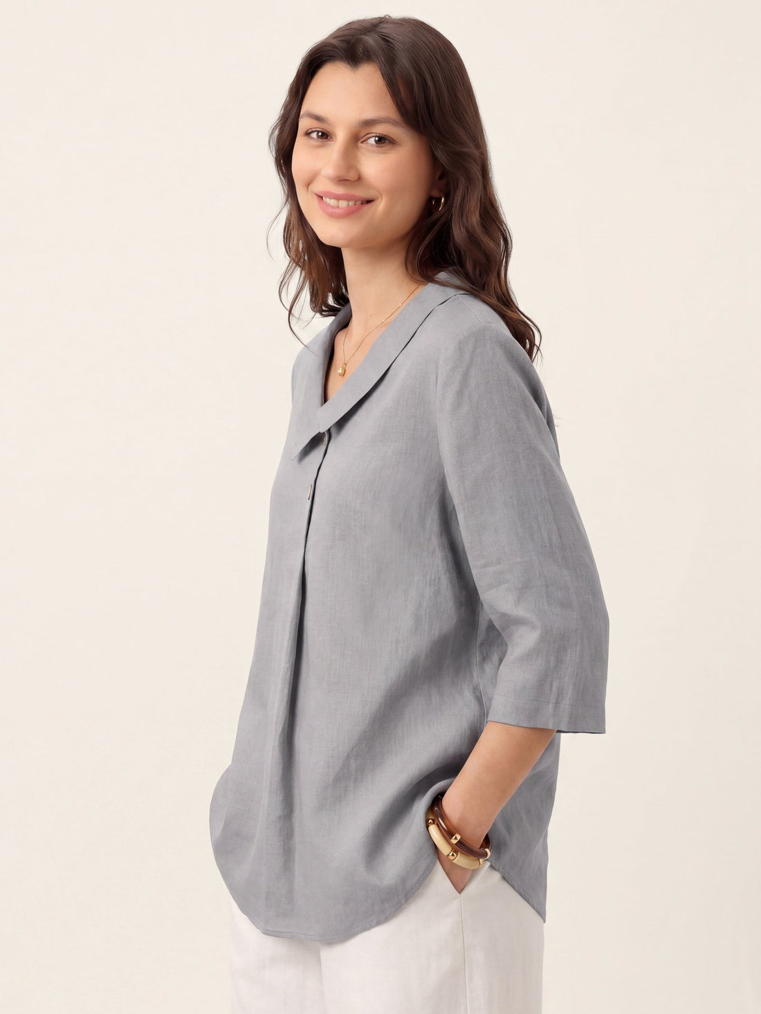 Linen Asymmetric-Collar Tunic Top with Button Detail