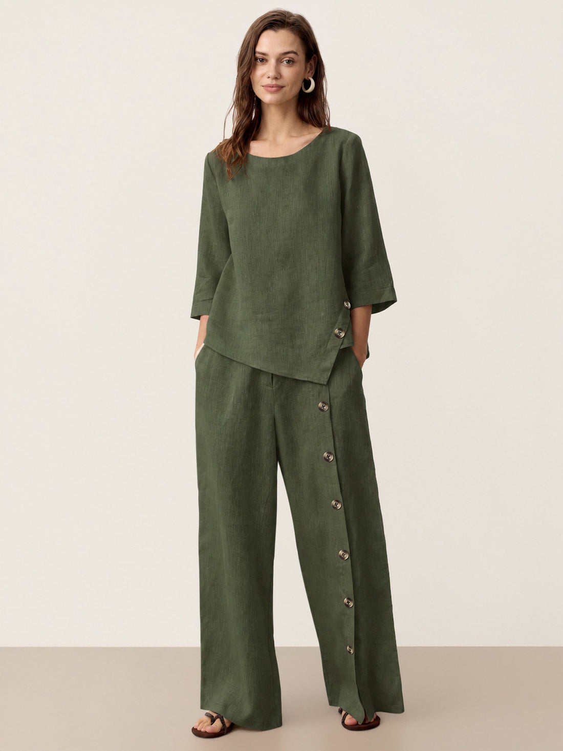 100% Linen Asymmetric-Hem Round Neck Blouse