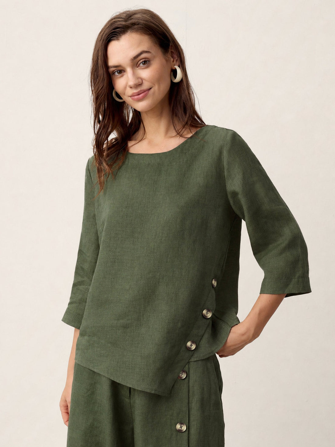 100% Linen Asymmetric-Hem Round Neck Blouse