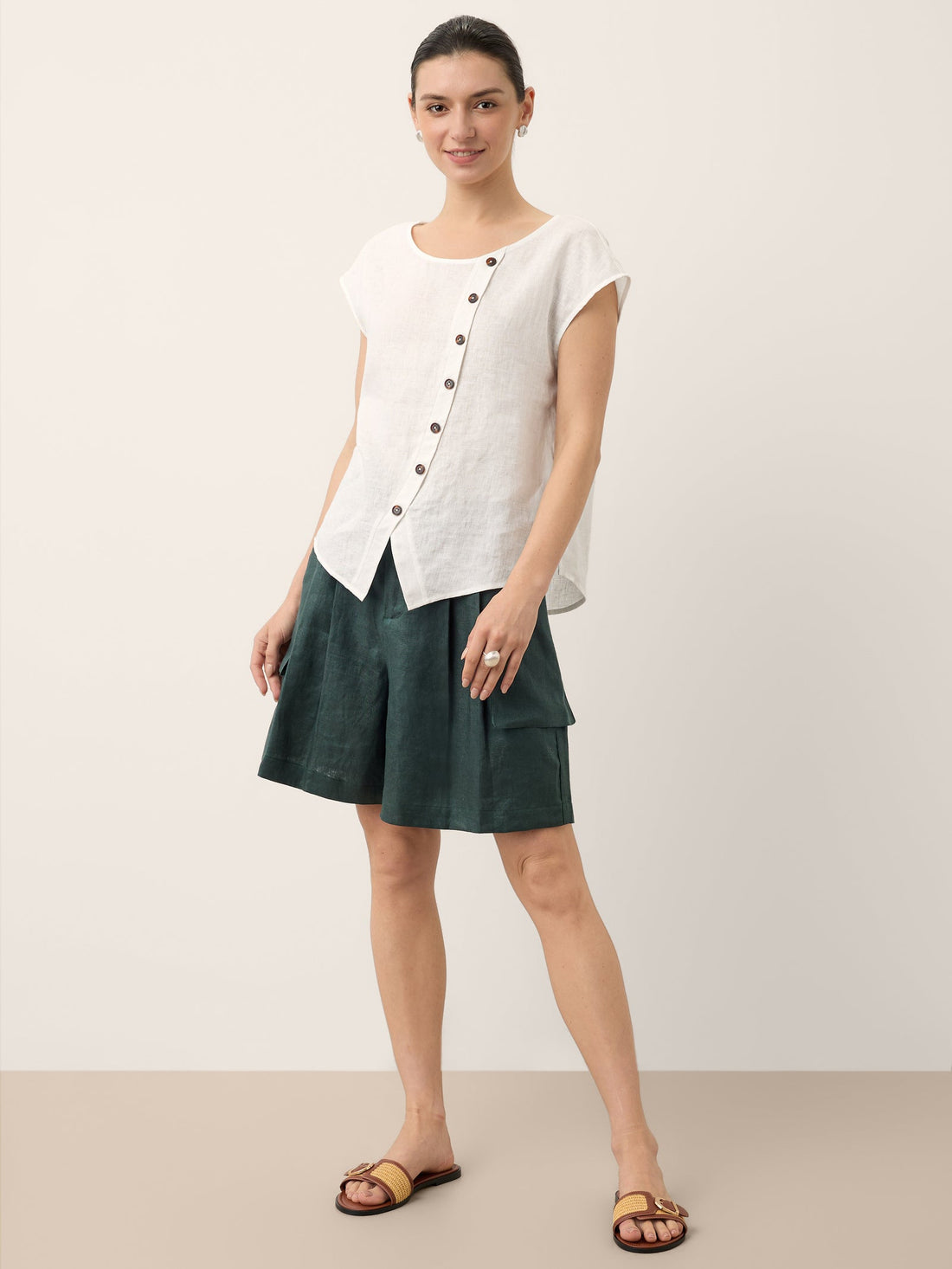 100% Linen Round Neck Cap Sleeve Blouse