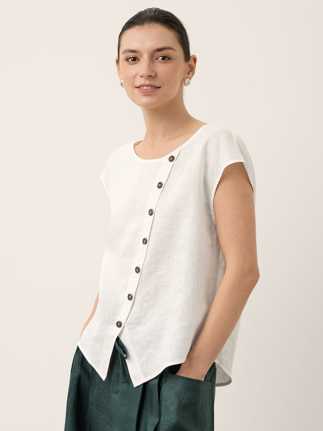 100% Linen Round Neck Cap Sleeve Blouse