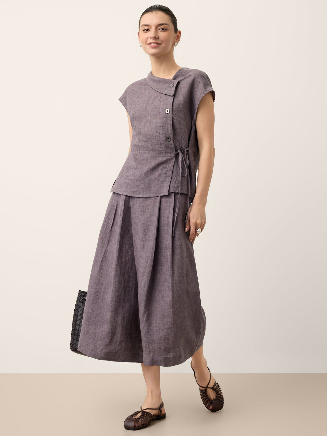 100% Linen Asymmetric Cap Sleeve Blouse