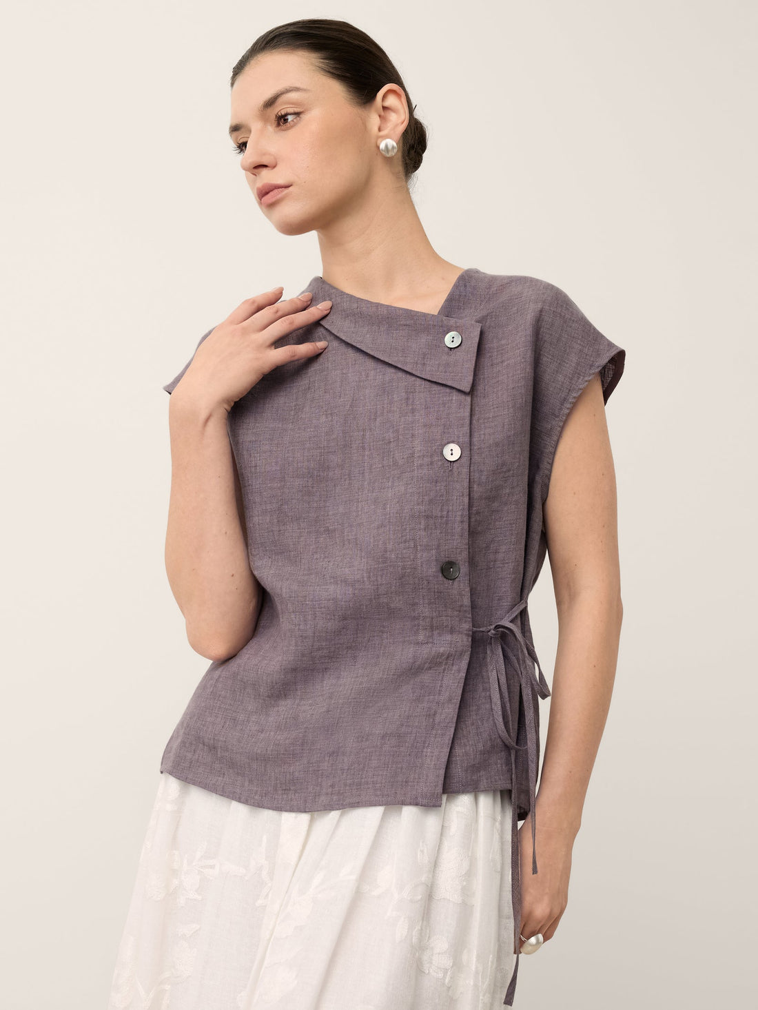 100% Linen Asymmetric Cap Sleeve Blouse