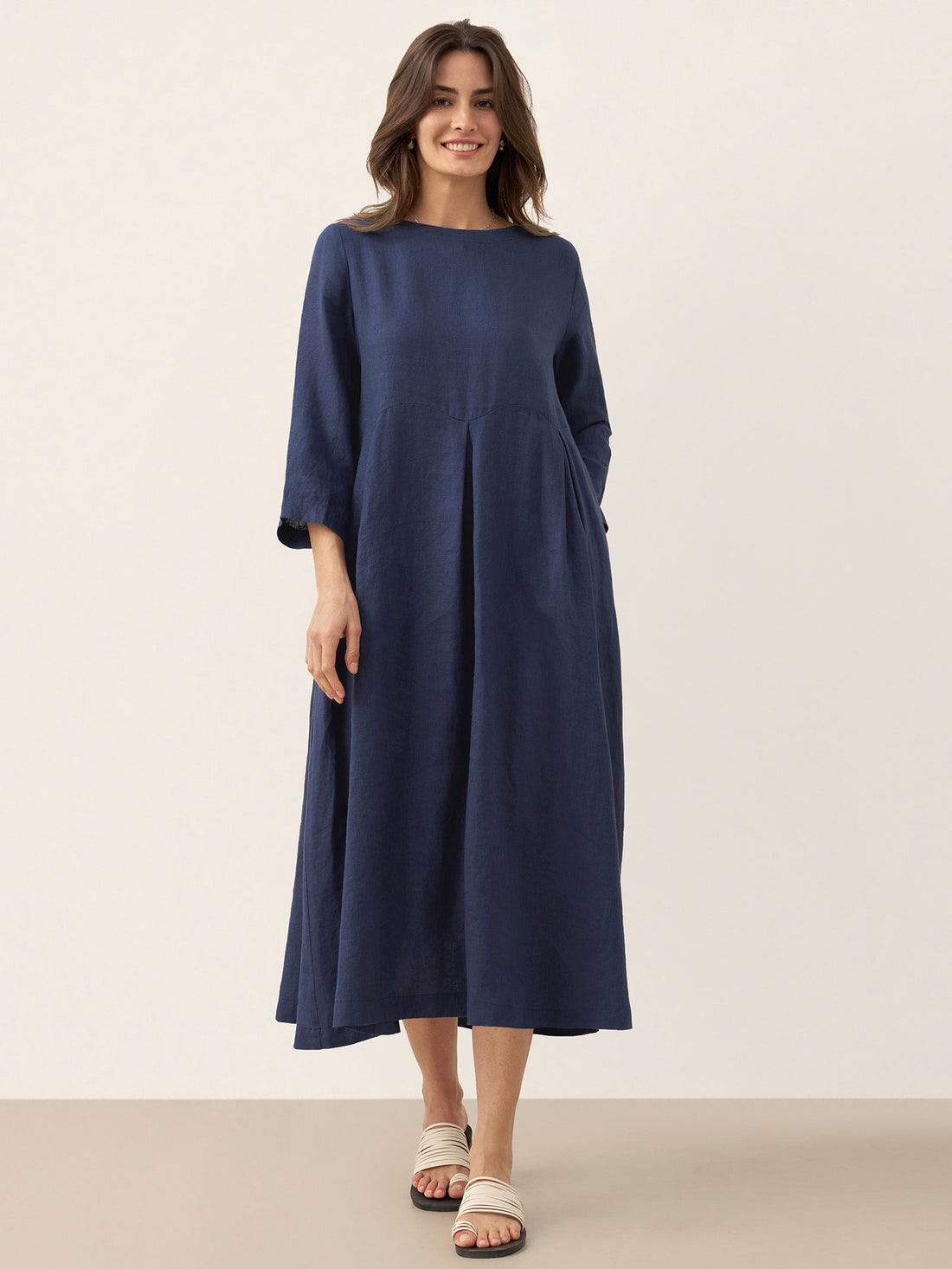 100% Linen Three-Quarter Sleeve Midi Dress