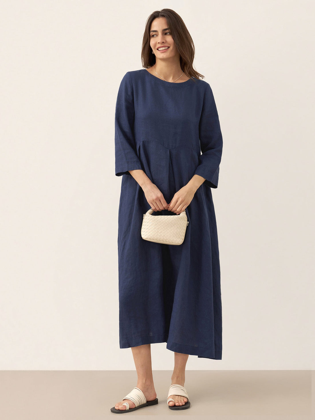 100% Linen Three-Quarter Sleeve Midi Dress