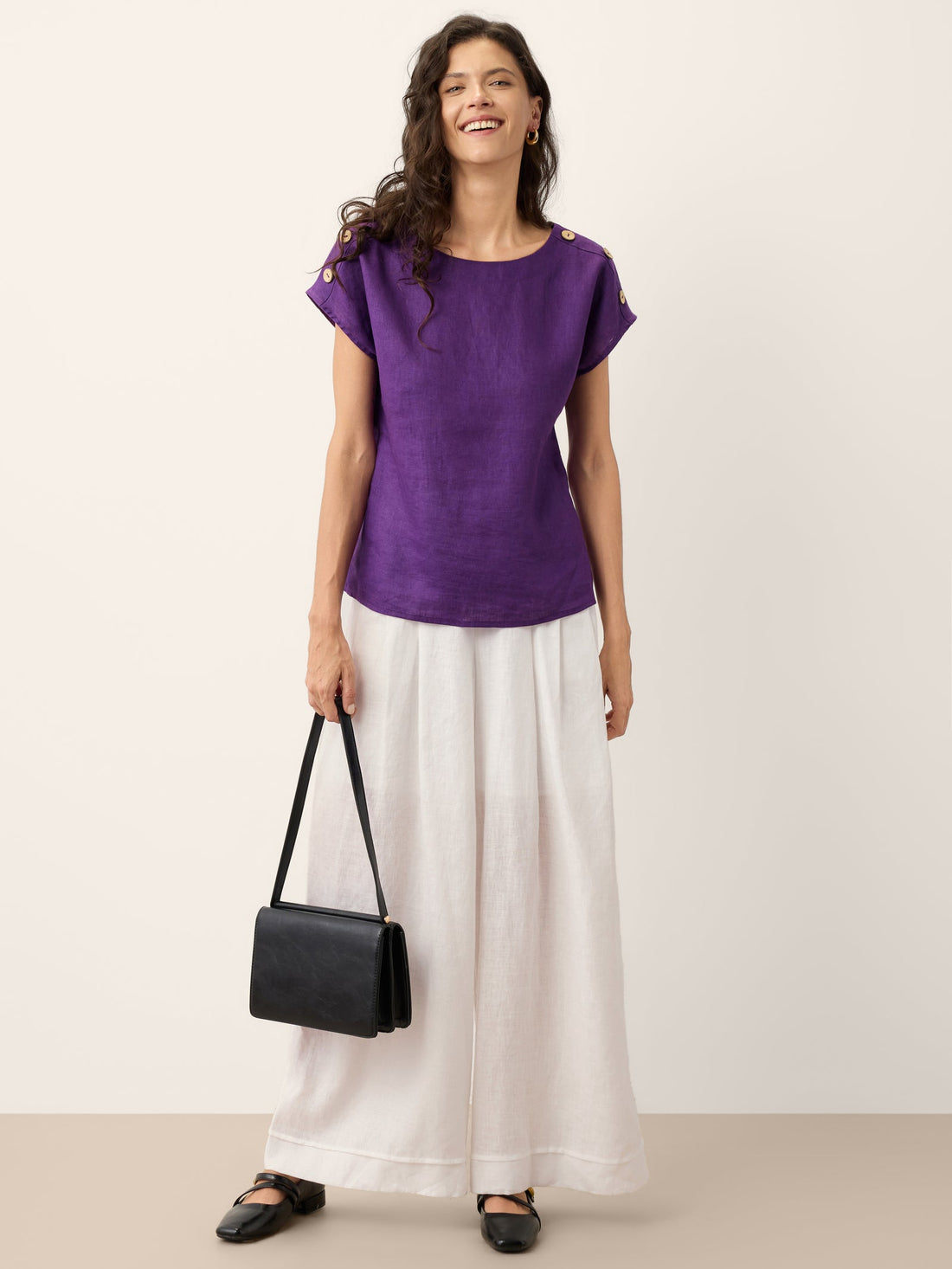 100% Linen Button Detail Round Neck Blouse