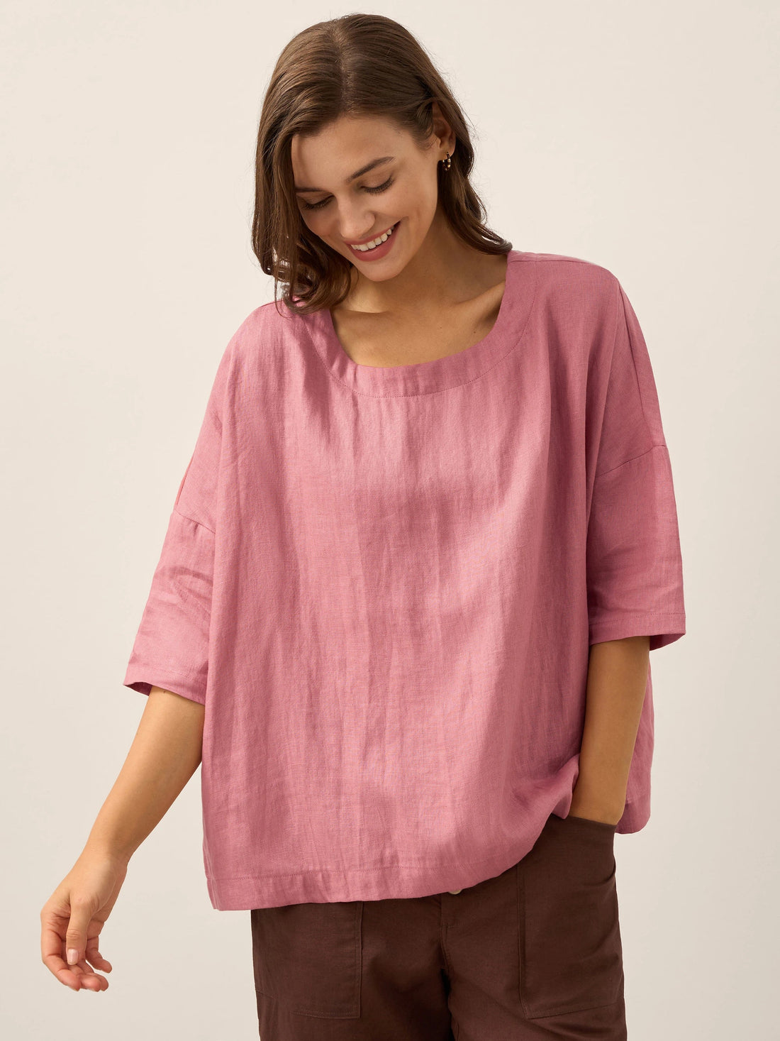100% Linen Round Neck Oversized Blouse