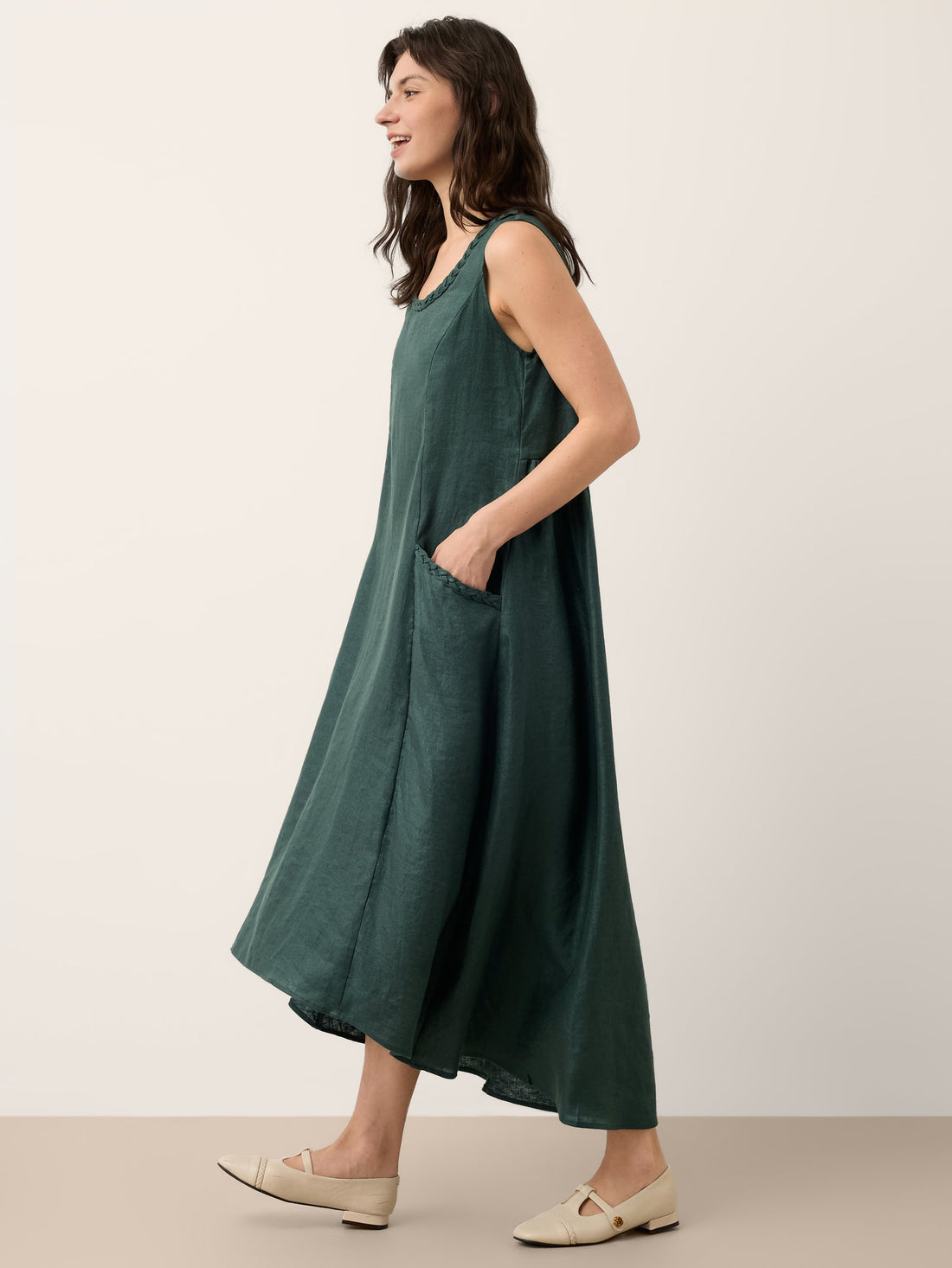 100% Linen Braided-Neck Handkerchief-Hem Midi Dress