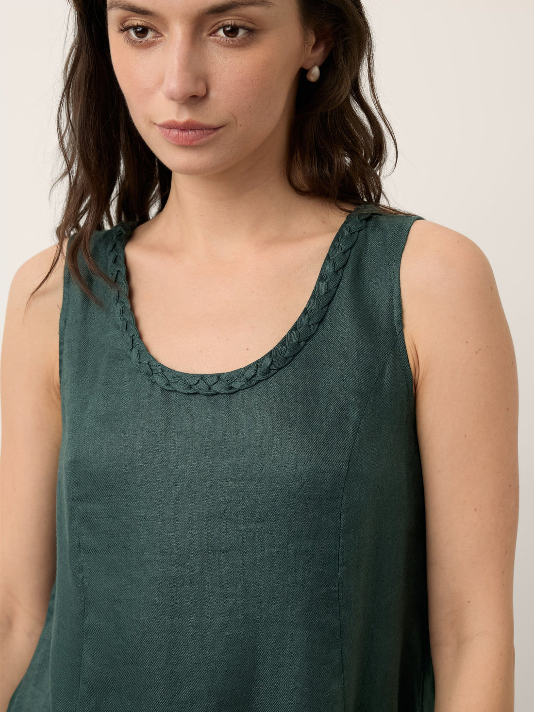 100% Linen Braided-Neck Handkerchief-Hem Midi Dress