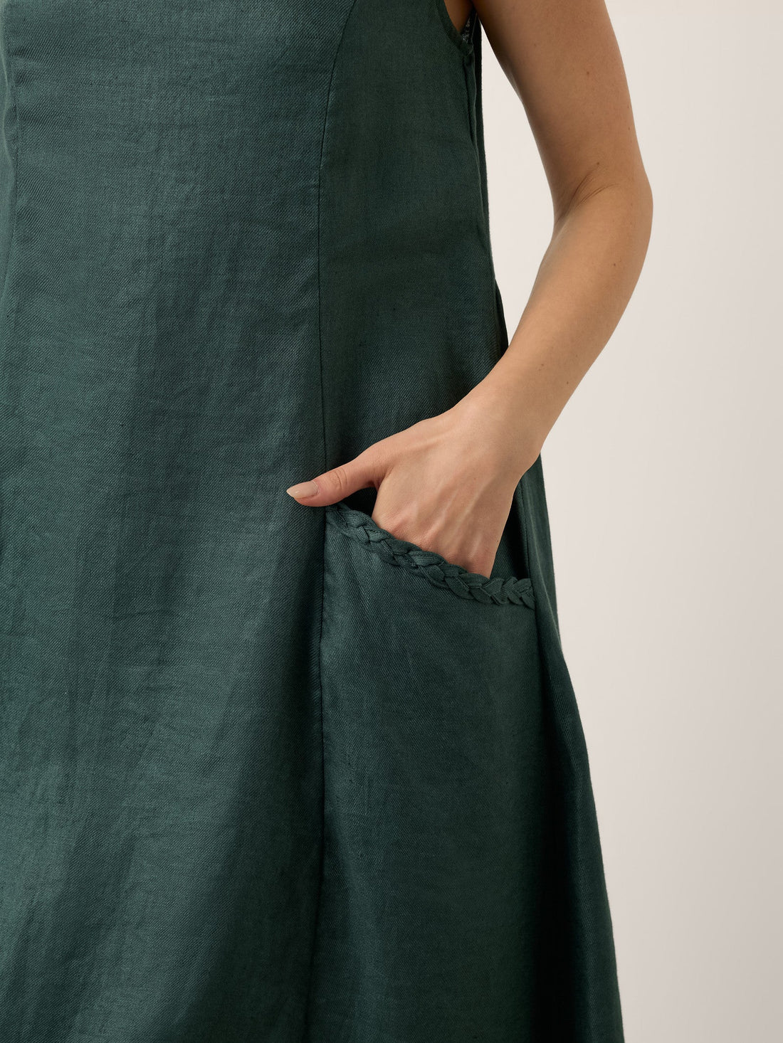 100% Linen Braided-Neck Handkerchief-Hem Midi Dress