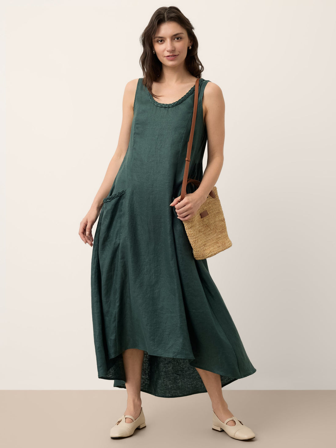 100% Linen Braided-Neck Handkerchief-Hem Midi Dress