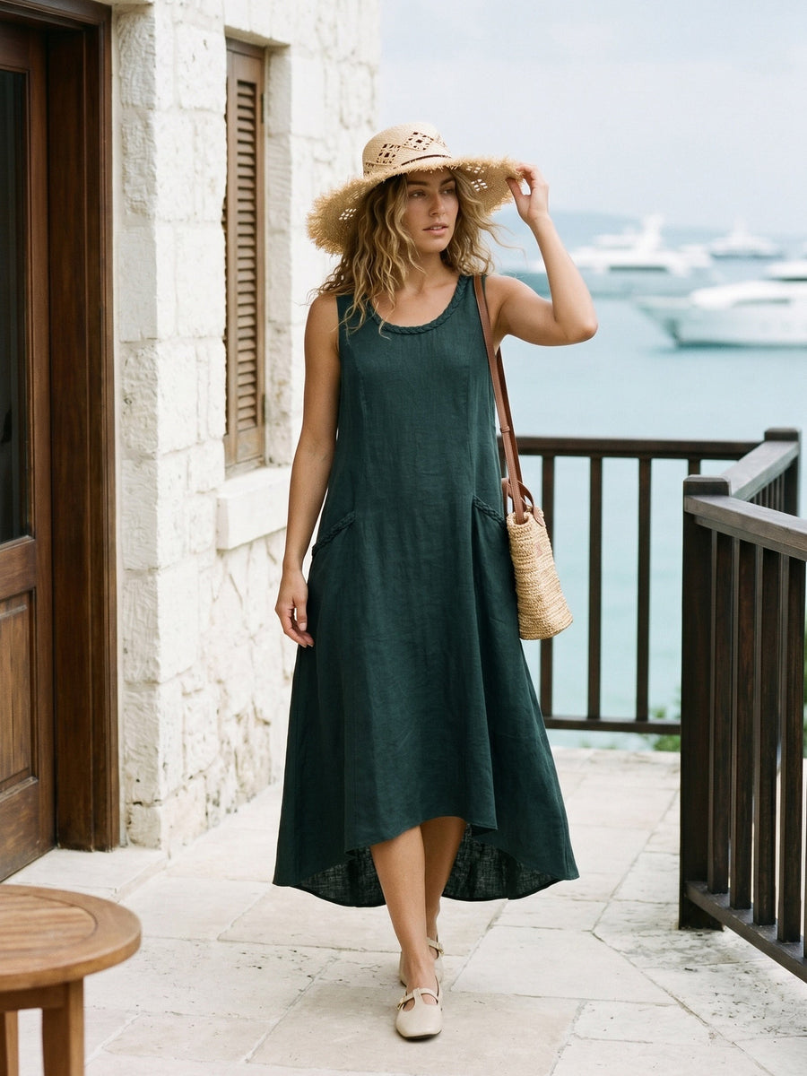 100% Linen Braided-Neck Handkerchief-Hem Midi Dress