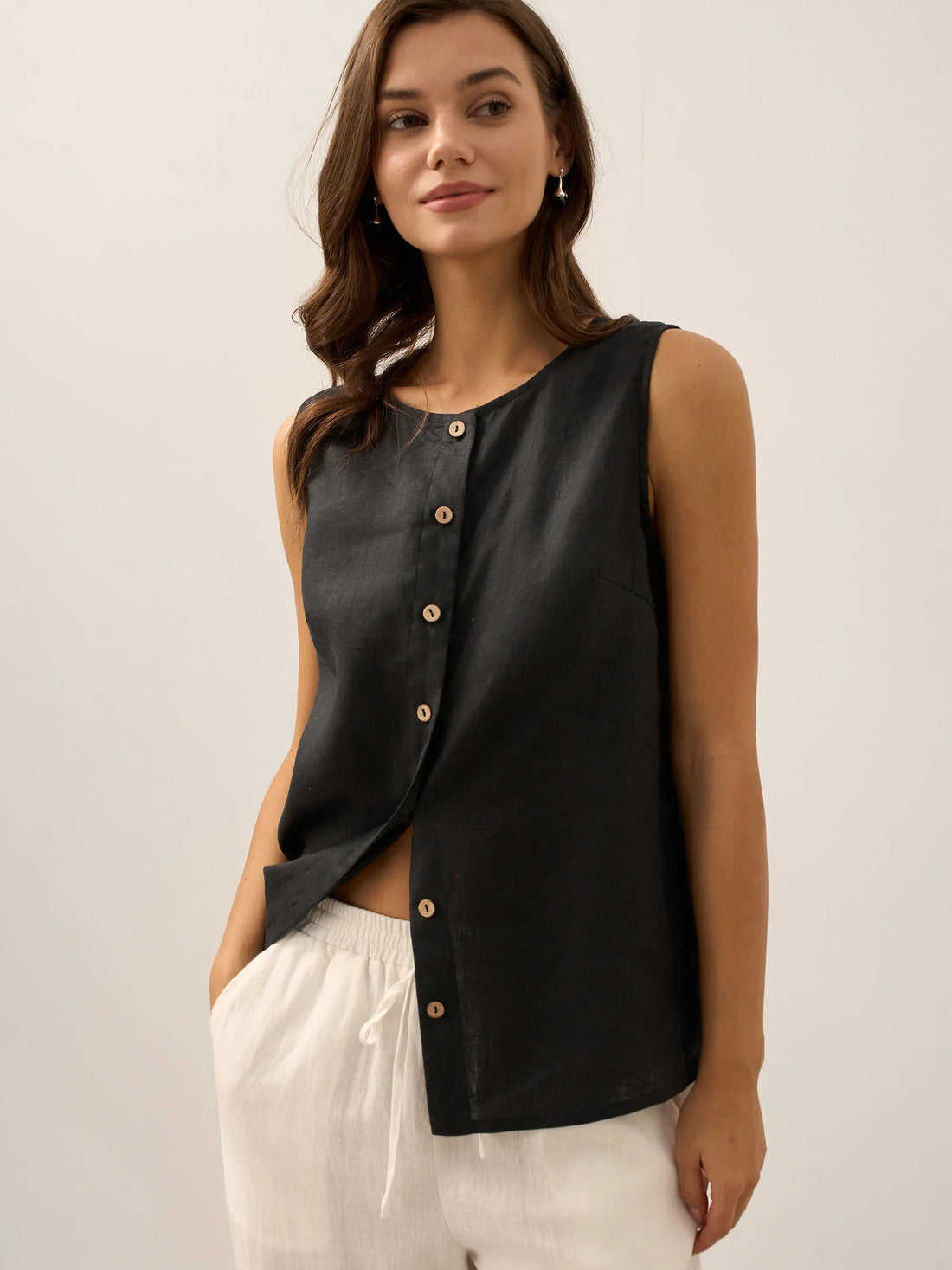 100% Linen A-Line Round Neck Tank Top