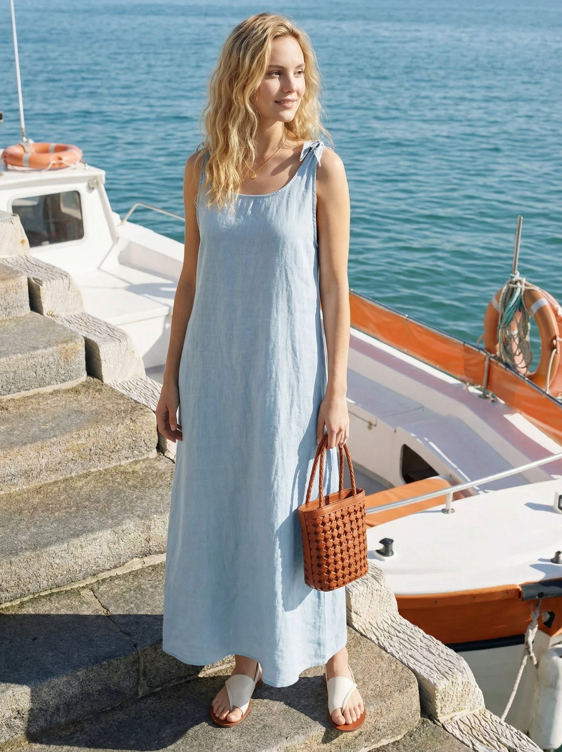 100% Linen V-Neck Sleeveless Maxi Dress