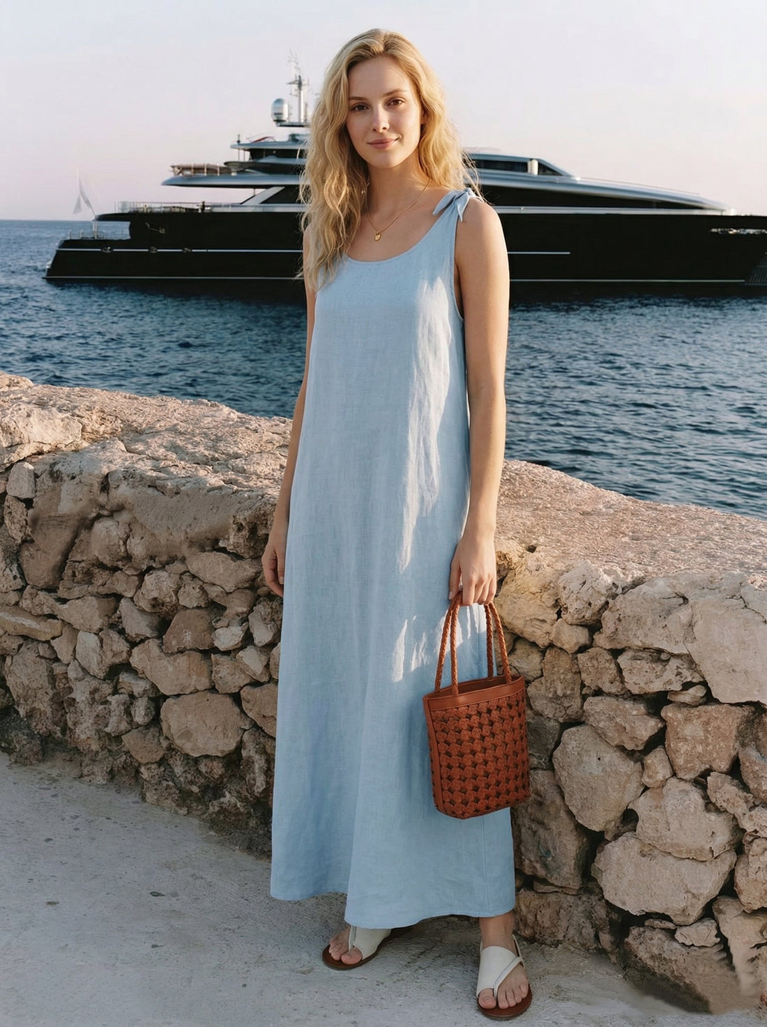 100% Linen V-Neck Sleeveless Maxi Dress