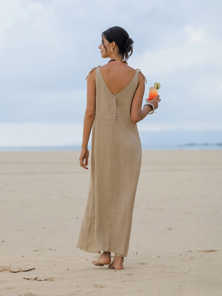 100% Linen V-Neck Sleeveless Maxi Dress