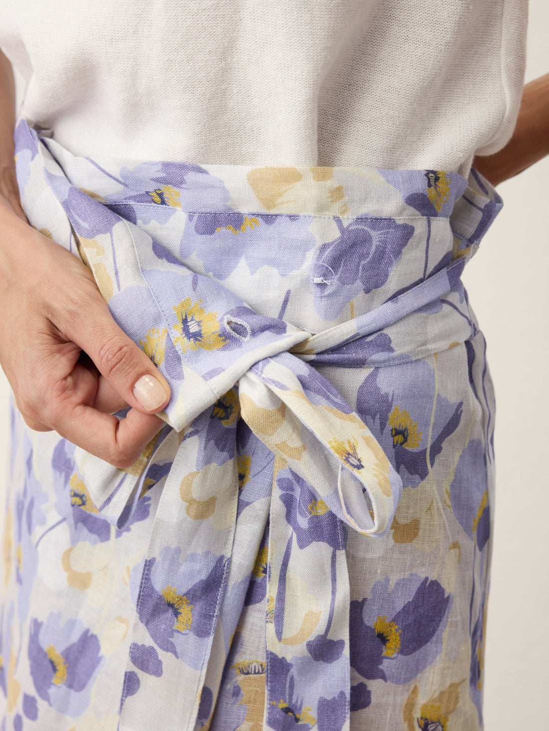 100% Linen Carnation Print Wrap-Tie Midi Skirt