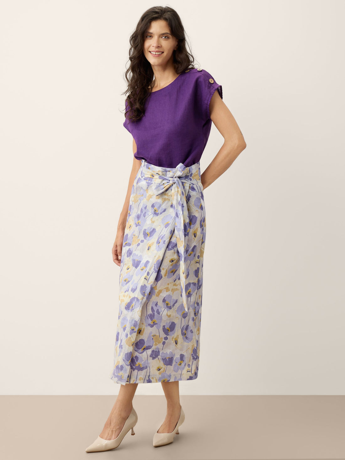 100% Linen Carnation Print Wrap-Tie Midi Skirt