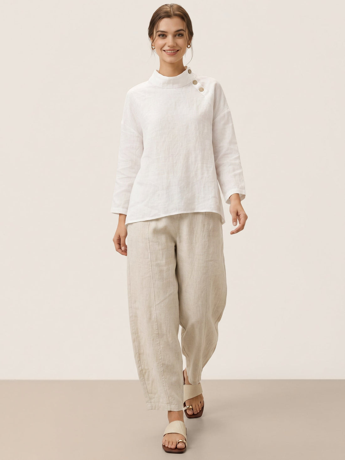 100% Linen Wide-Leg Elastic Waist Pants
